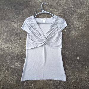 White House Black Market Tie Front Top Womens M Silver Gray Cap Sleeve Shimmer